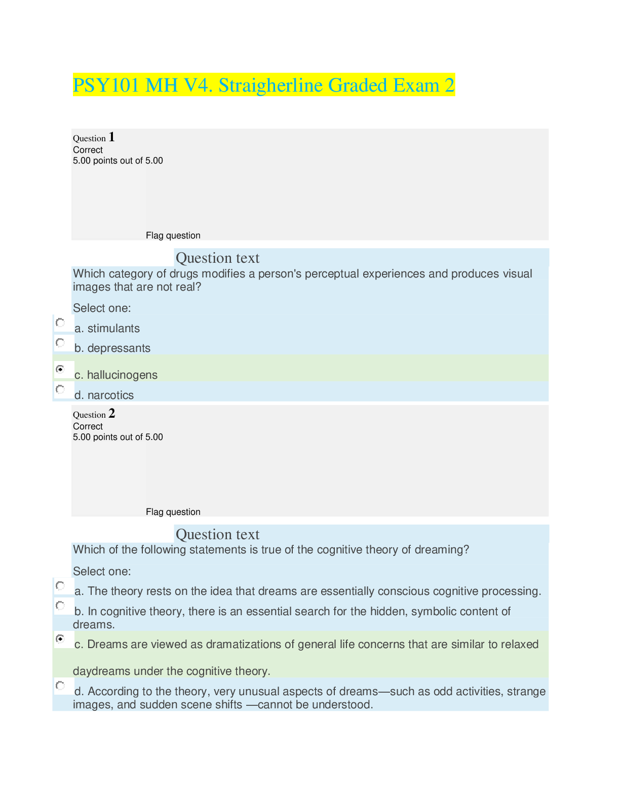 Preview image for PSY101 MH V4. Straigherline Graded Exam 2. 100% Accurate. 2022 updates